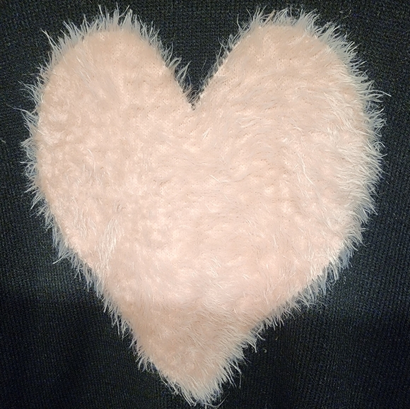Womens Black Longsleeve Crew Neck Sweater Top with Pink Fuzzy Heart by H&M - Picture 2 of 9